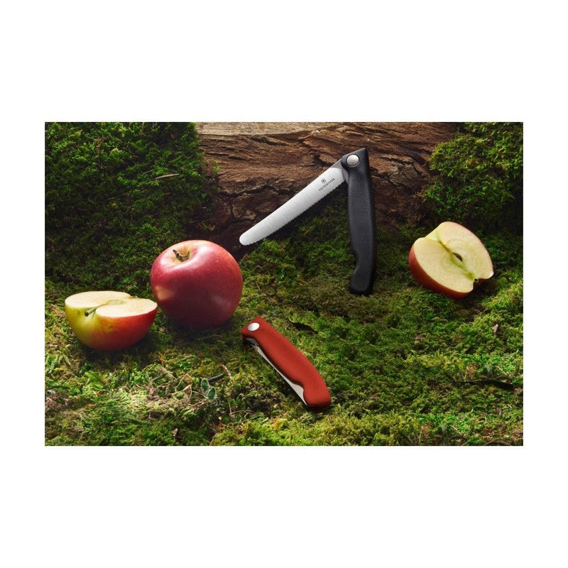 Victorinox-veitsi ja punainen omena sammaleella – sveitsiläistä laatua ja terävyyttä