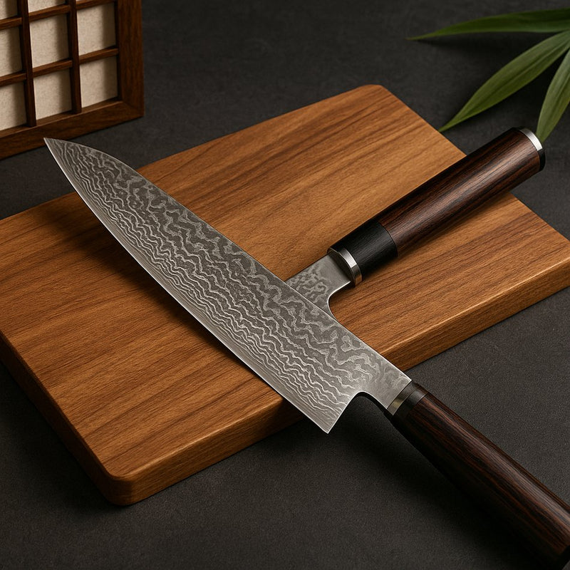 japanilainen Damascus-veitsi puisen leikkuulaudan päällä.