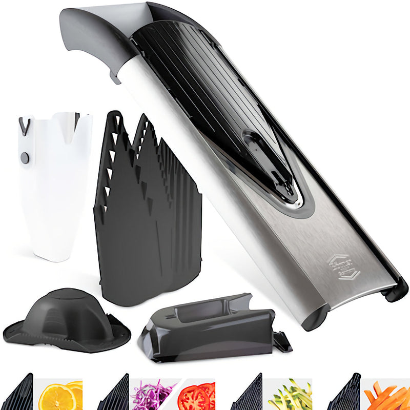 Alt-teksti: Terävä mandoliinileikkuri ja raastinsetti vihanneksille