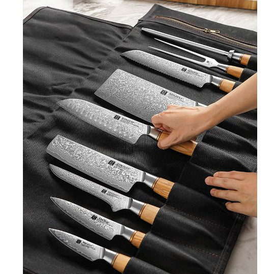 Alt-teksti (suomeksi):Xinzou-veitsisarja – tyylikkäät damaskusteräksiset keittiöveitset