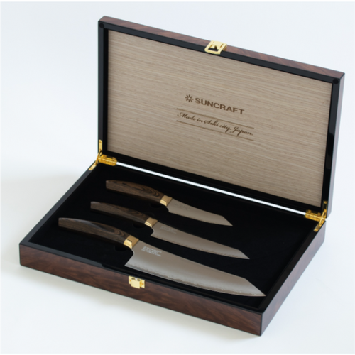 Alt-teksti: Tyylikäs Suncraft-veitsisetti puisessa lahjarasiassa