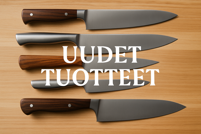 Alt-teksti: Uudet tuotteet – tyylikkäät ja terävät keittiöveitset puualustalla