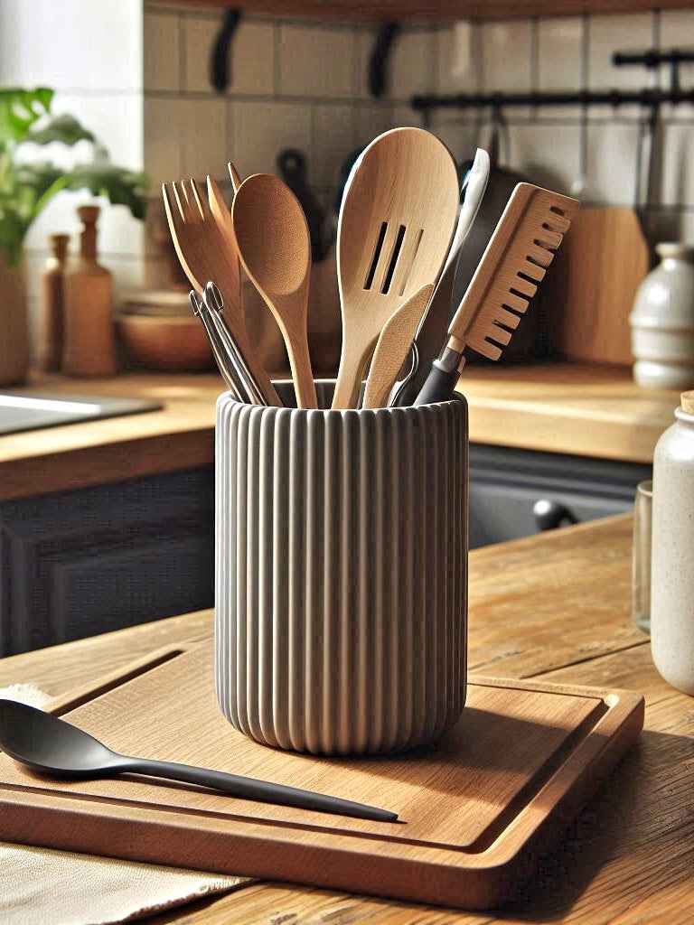 Ribbed säilytysteline keittiövälineille keittiön työtasolla, moderni harmaa muotoilu ja ekologiset puiset työvälineet sisustuksessa