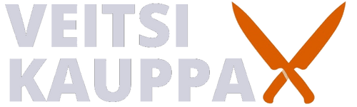 Alt-teksti: Veitsikauppa-logo, jossa harmaat tekstitVeitsi Kauppa" ja oranssit ristikkäiset veitset oikealla.