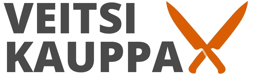 SEO-ystävällinen alt-teksti (suomeksi):  
Veitsikauppa-logo, jossa musta teksti ja ristikkäin asetetut oranssit veitset oikealla puolella.