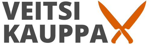 SEO-ystävällinen alt-teksti (suomeksi):  
Veitsikauppa-logo, jossa musta teksti ja ristikkäin asetetut oranssit veitset oikealla puolella.