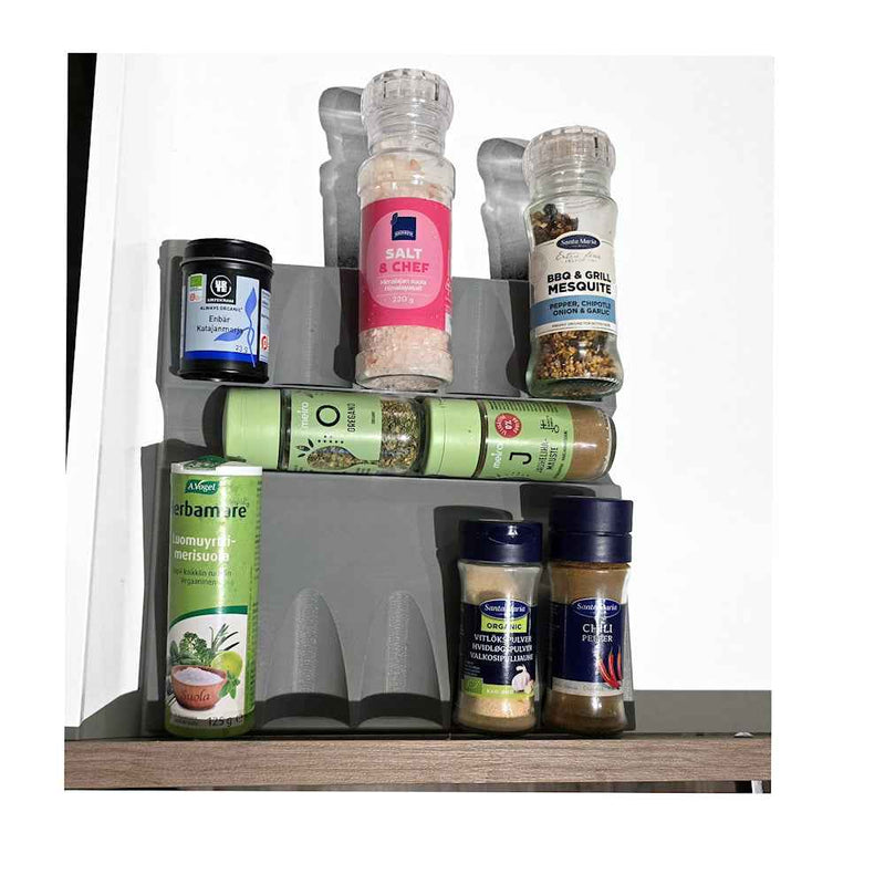Tilaa säästävä maustepurkkiteline vetolaatikkoon – 12 paikkaa, järjestää mausteet siististi ja helposti saataville keittiön laatikossa.