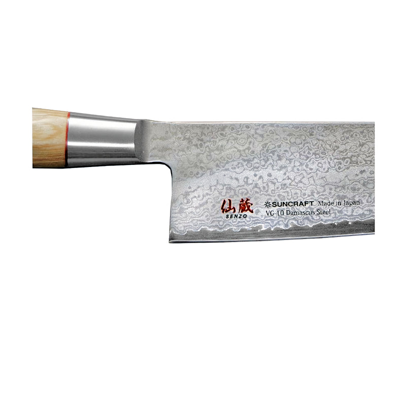 Suncraft Senzo Damascus kokkiveitsen terän ja kahvan yksityiskohta, VG10 ydin ja Damascusteräskuvio.