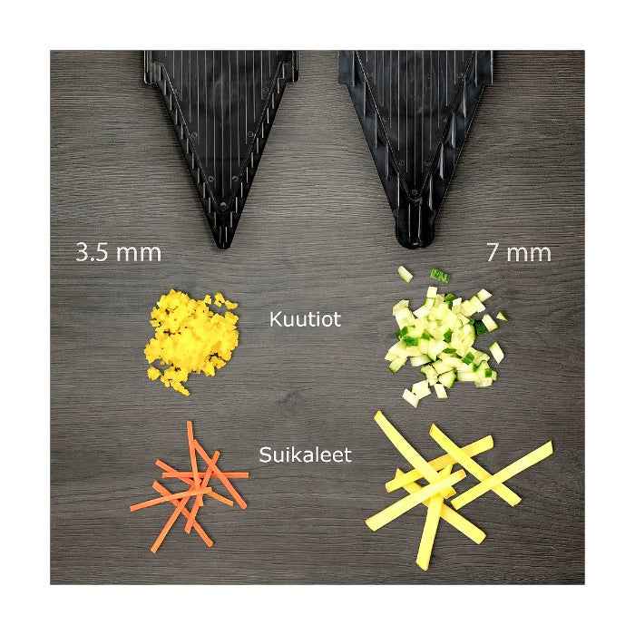 Börner V6 Mandoliini suikaloi ja kuutioi vihannekset tarkasti 3,5 mm ja 7 mm terillä, täydellinen keittiöväline.