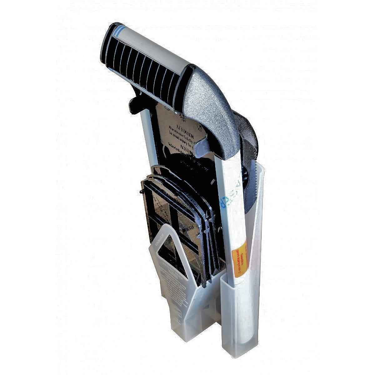 Börner V6 Mandoliini säilytyksessä multiboxissa, jossa kaikki terät ja osat pysyvät järjestyksessä ja helposti saatavilla.