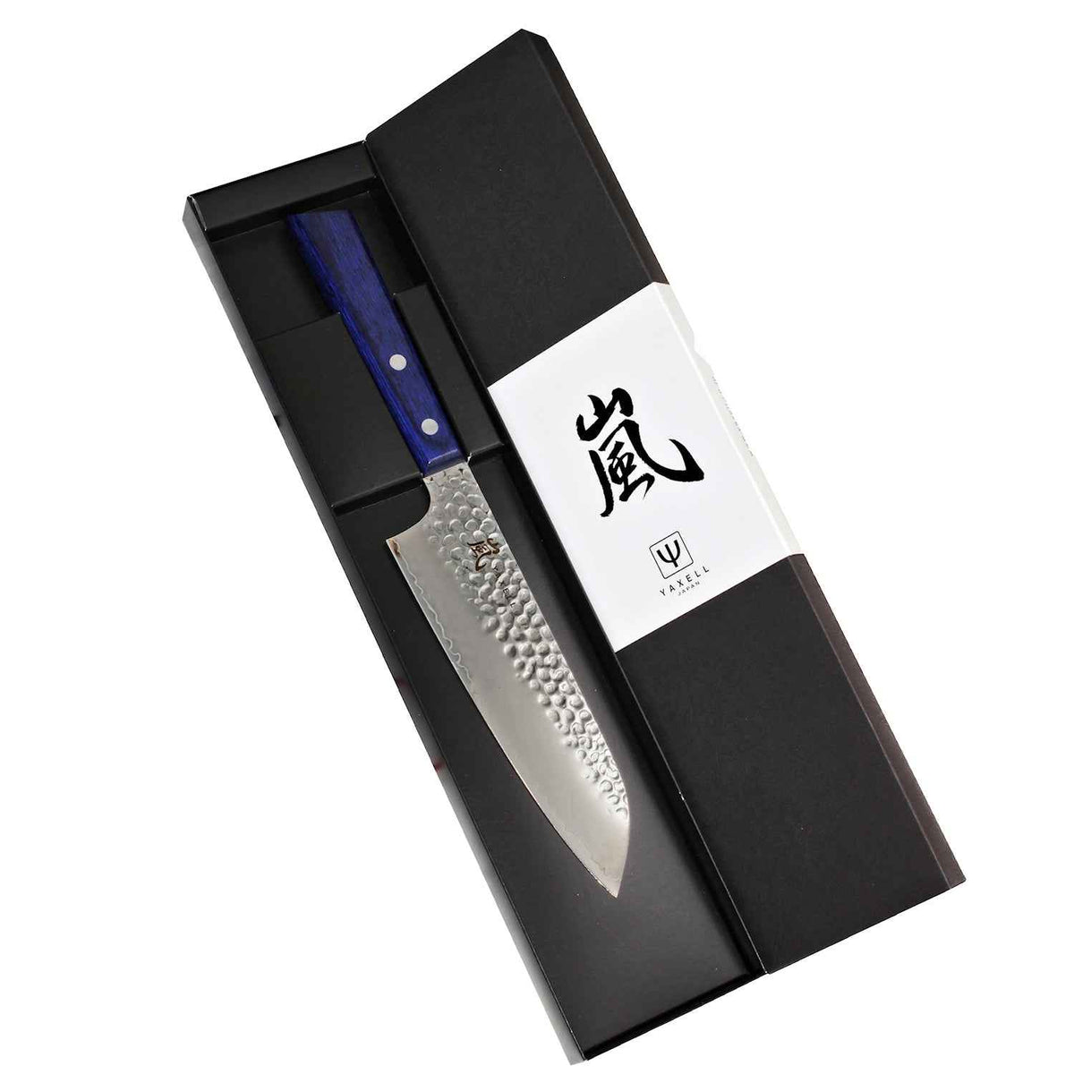 Yaxell Blue Breeze Santoku-veitsi lahjapakkauksessa, japanilainen keittiöveitsi sinisellä kahvalla ja taotulla terällä.