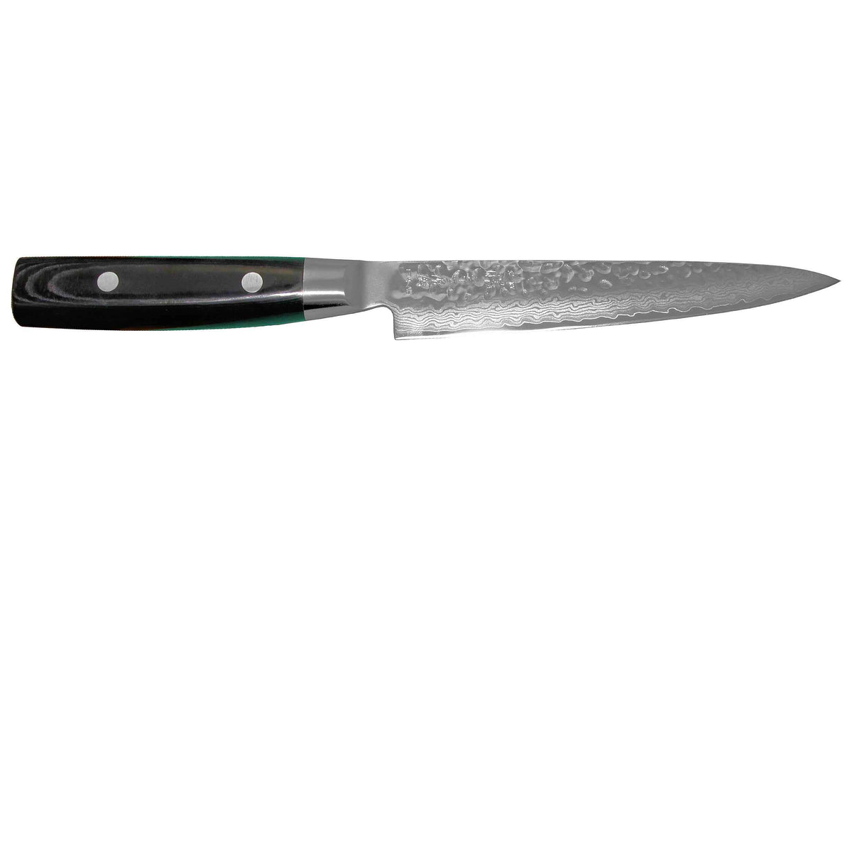 Yaxell Zen Yleisveitsi 15 cm - Japanilainen Laatuveitsi, sivuprofiili korostaa terän damascus-kuviota ja tasapainoista muotoilua.