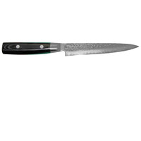 Yaxell Zen Yleisveitsi 15 cm - Japanilainen Laatuveitsi, sivuprofiili korostaa terän damascus-kuviota ja tasapainoista muotoilua.