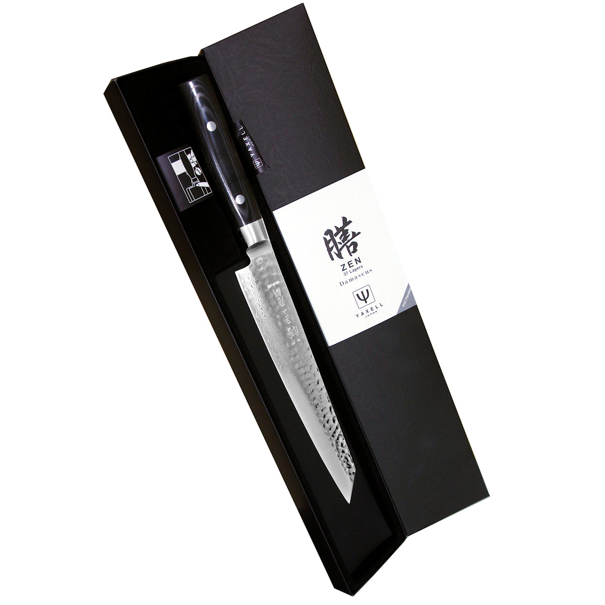 Yaxell Zen paistiveitsi 23 cm lahjapakkauksessa – japanilainen veitsi damaskiterällä ja pakkapuu-kahvalla, täydellinen lahjaksi.