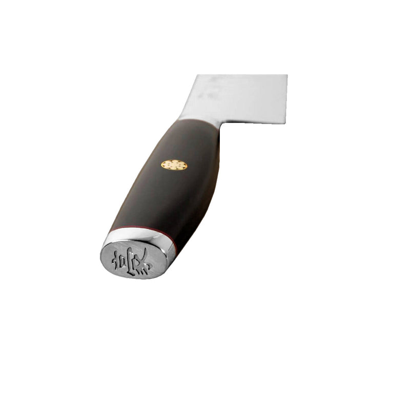 Yaxell Super Gou Ypsilon 12 cm veitsen kahvan yksityiskohta, koristeellinen pääty ja laadukas viimeistely.