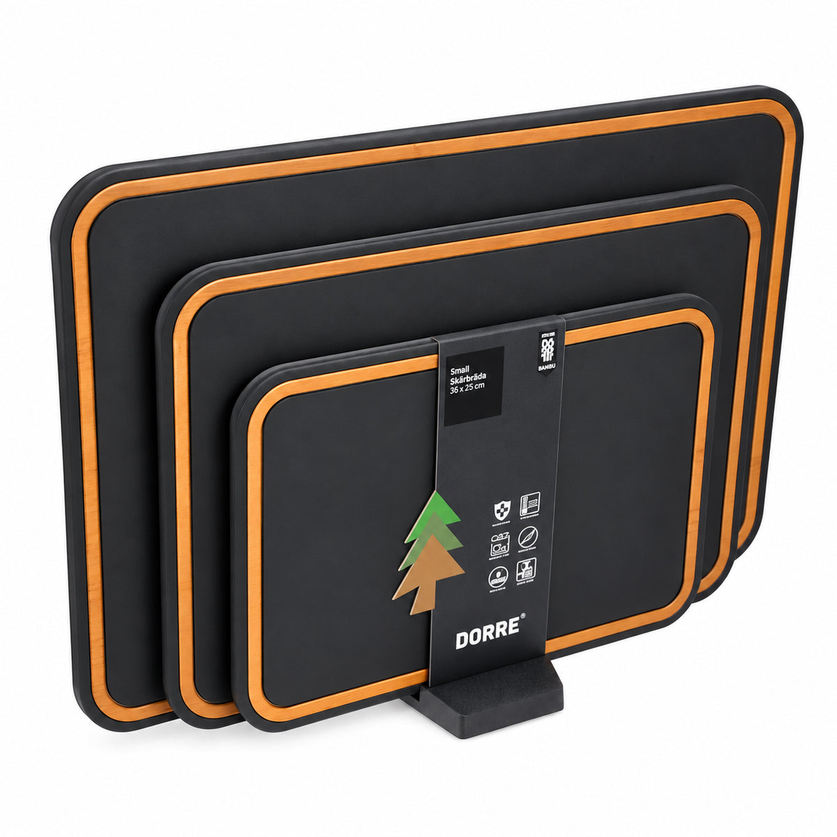 Dorre Sami Puukuitu Leikkuulautasetti Musta ja Säilytysteline, 4 osaa