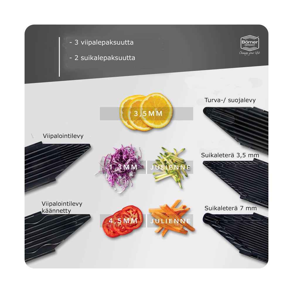 Börner V6 Mandoliinin viipaleterät: 3 viipalepaksuutta ja 2 suikaleterää, soveltuu julienne-leikkaukseen ja tarkkaan viipalointiin.