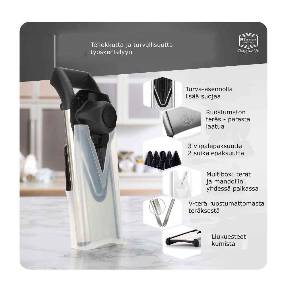 Börner V6 Mandoliini ominaisuudet: turva-asento, ruostumaton teräs, multibox ja liukumattomat kumijalat turvalliseen käyttöön.