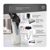 Börner V6 Mandoliini ominaisuudet: turva-asento, ruostumaton teräs, multibox ja liukumattomat kumijalat turvalliseen käyttöön.