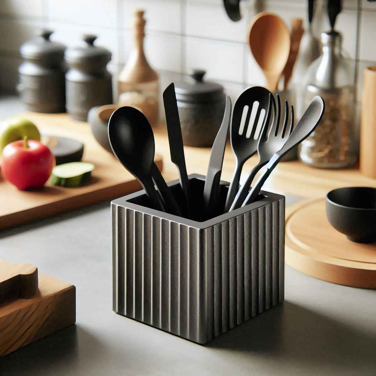 Säilytysteline Työvälineille - Keittiövälineteline keittiötasolla, sisältää kauhoja ja vispilöitä, tyylikäs ja käytännöllinen säilytysratkaisu.