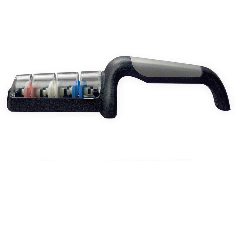 Global vesihiomakiviteroitin sivuprofiilissa, kolme värikoodattua keraamista pyörää (punainen, valkoinen, sininen) ja musta kahva