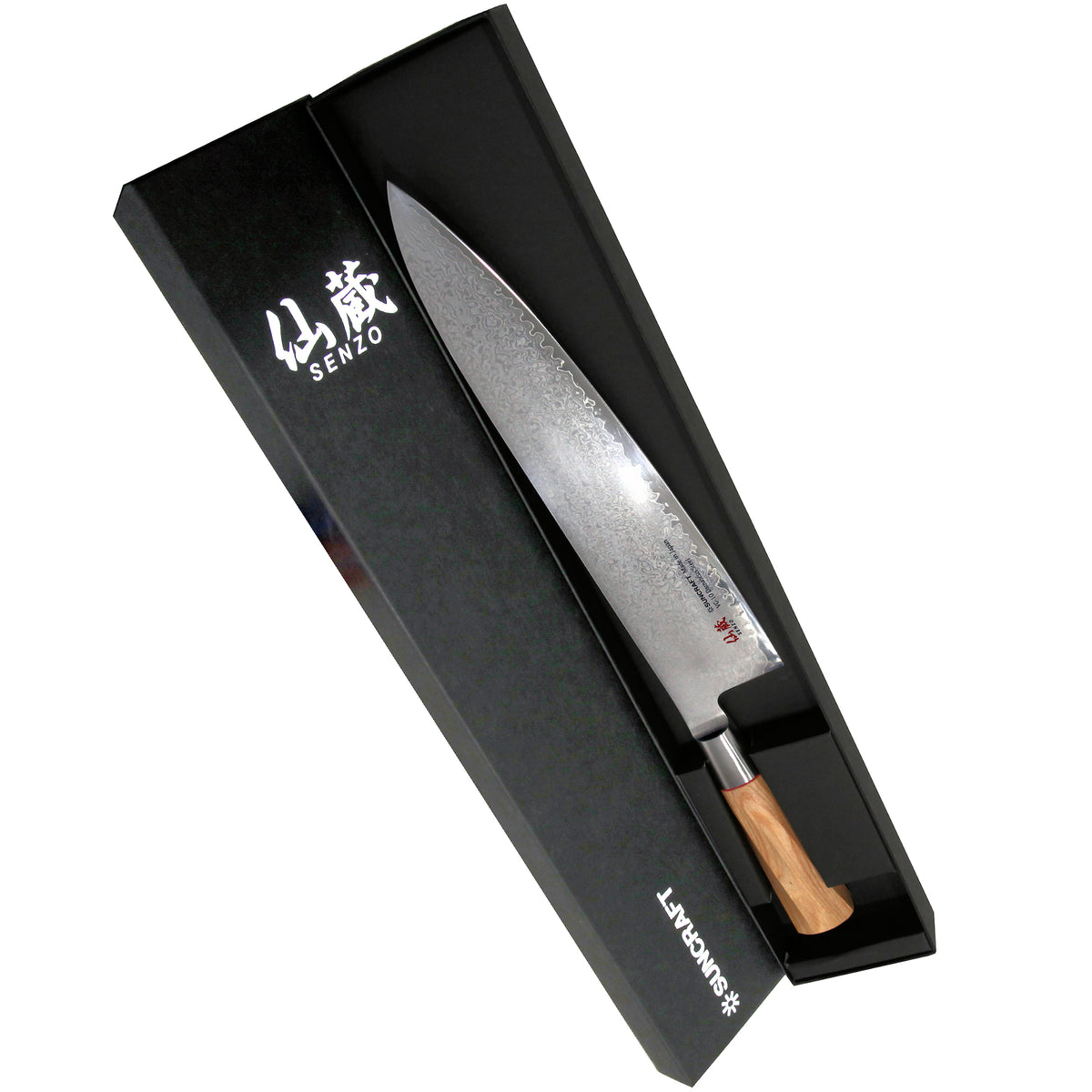 Suncraft Senzo Damascus kokkiveitsi tyylikkäässä mustassa lahjapakkauksessa, 24 cm terä ja VG10 ydin.