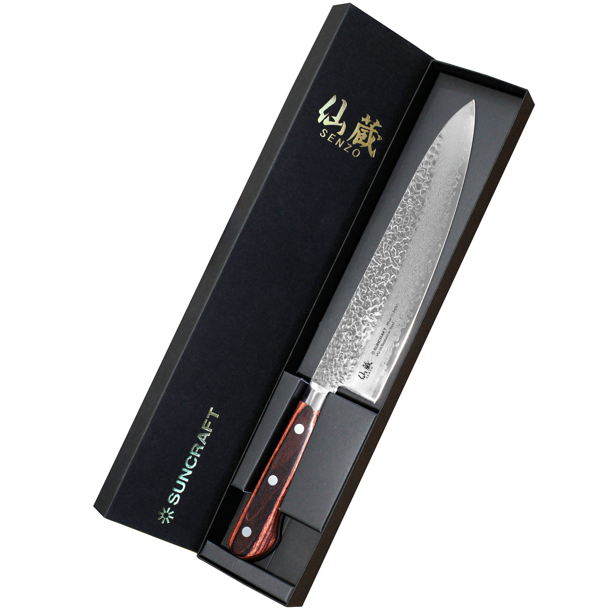 Suncraft Senzo Damascus Universal Kokkiveitsi 21 cm lahjapakkauksessa, täydellinen premium-veitsi keittiöön tai lahjaksi.