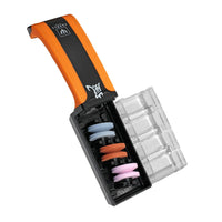 Yaxell Hahloterotin vesihiomakiviteroitin, avattu kansi ja kolme kiveä