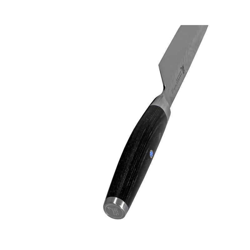 Yaxell Ketu minikonata kokkiveitsi 14,5 cm, musta kahva ja terä lähikuvassa