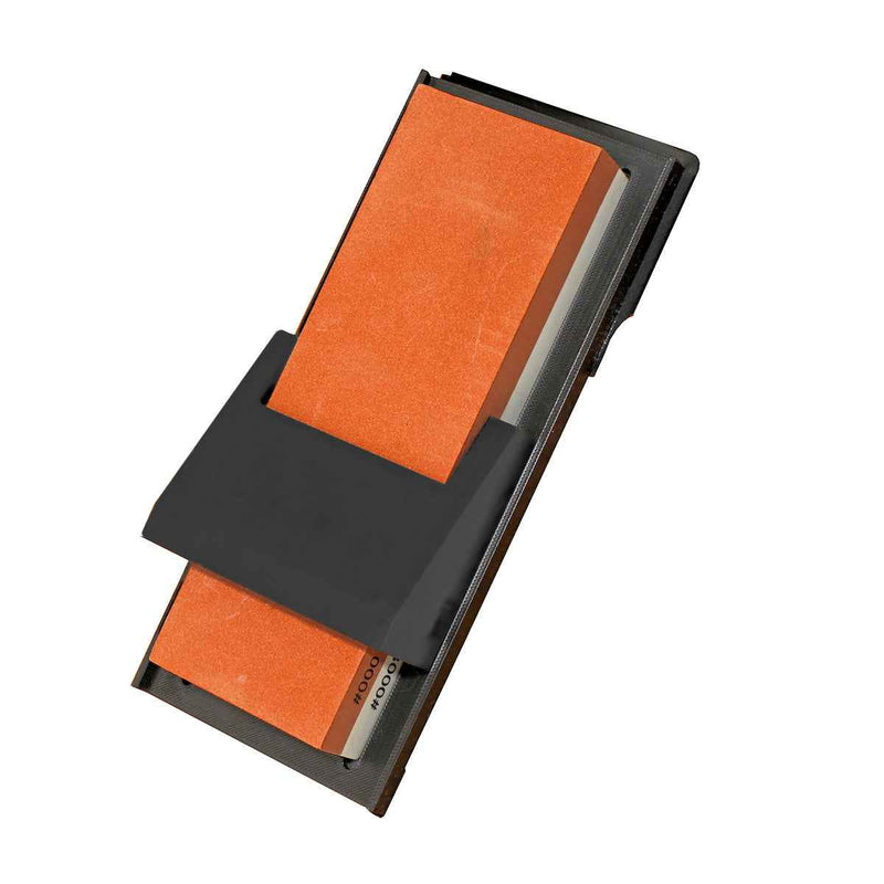 Kulmaohjain teroituskivelle 15 ja 20 astetta, musta muovirunko ja oranssi hiomakivi, keittiöveitsien tarkkaan teroitukseen.