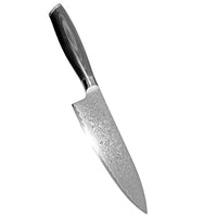 Xinzuo Ya Damascus keittiöveitsi, jossa 67-kerroksinen teräs ja kaareva terän muoto, tarjoaa huippuluokan leikkuutarkkuutta.