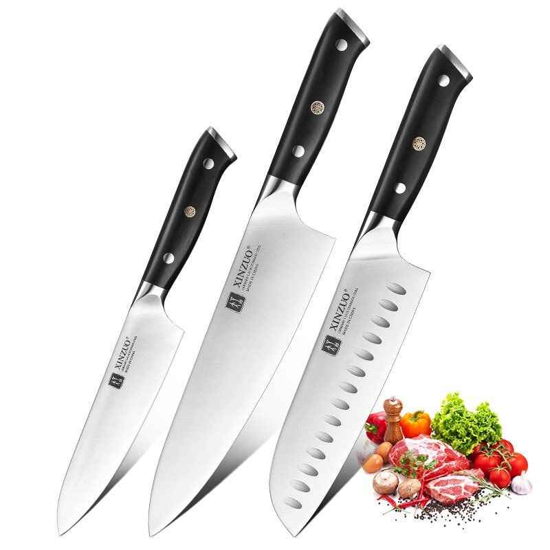 Xinzuo Yu veitsisetti - kolmen keittiöveitsen setti sisältää kokkiveitsen, santokuveitsen ja vihannesveitsen. Saksalainen teräs ja eebenpuukahvat takaavat laadun.