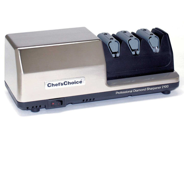 Chef's Choice M2100 Teroituskone: Ammattikäyttöön suunniteltu sähkökäyttöinen veitsenteroitin ruostumattomasta teräksestä, kolmivaiheisella teroitusjärjestelmällä.