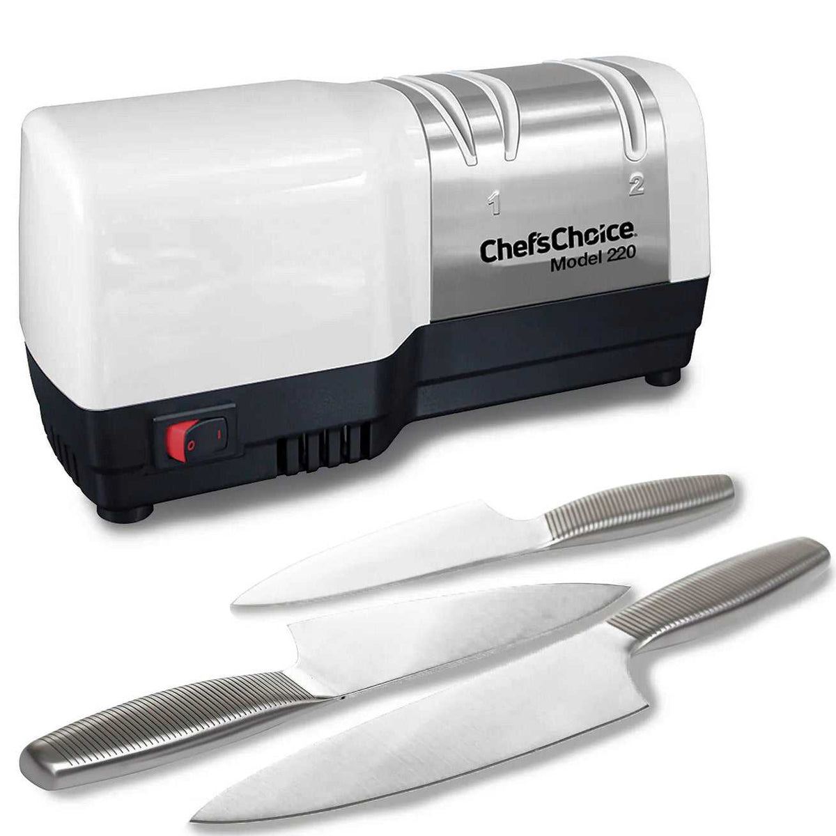 Chef's Choice M220 Hybriditeroitin ja kolme terävää keittiöveistä, tehokas sähköinen teroitin vaativaan kotikäyttöön.