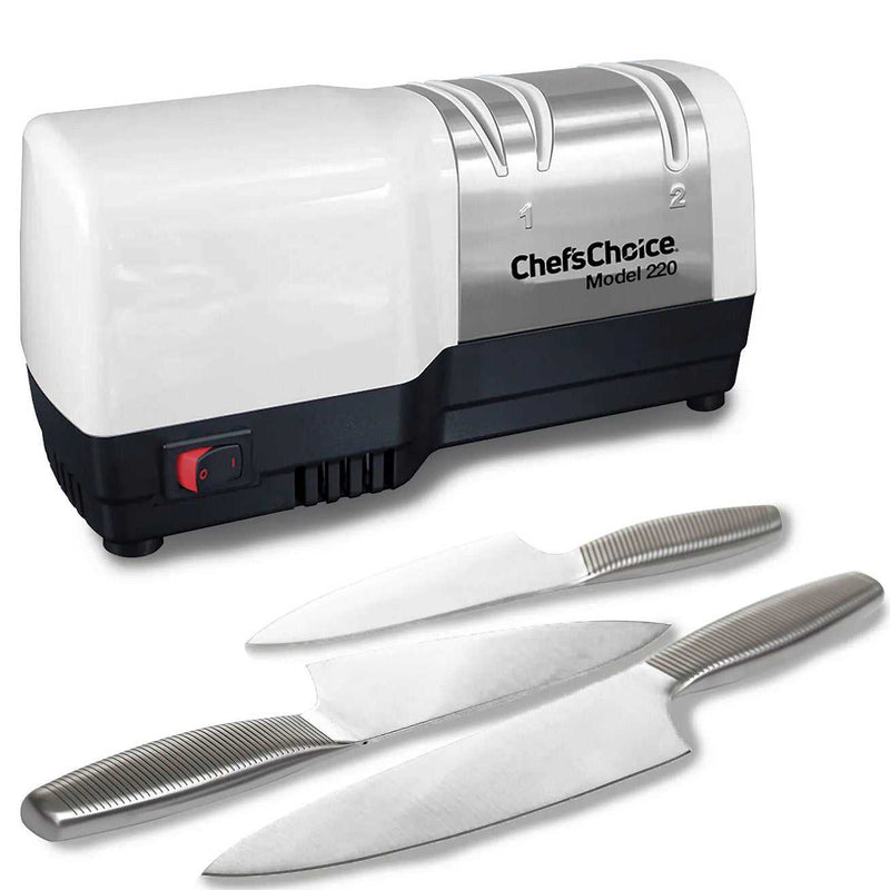 Chef's Choice M220 Hybriditeroitin ja kolme terävää keittiöveistä, tehokas sähköinen teroitin vaativaan kotikäyttöön.