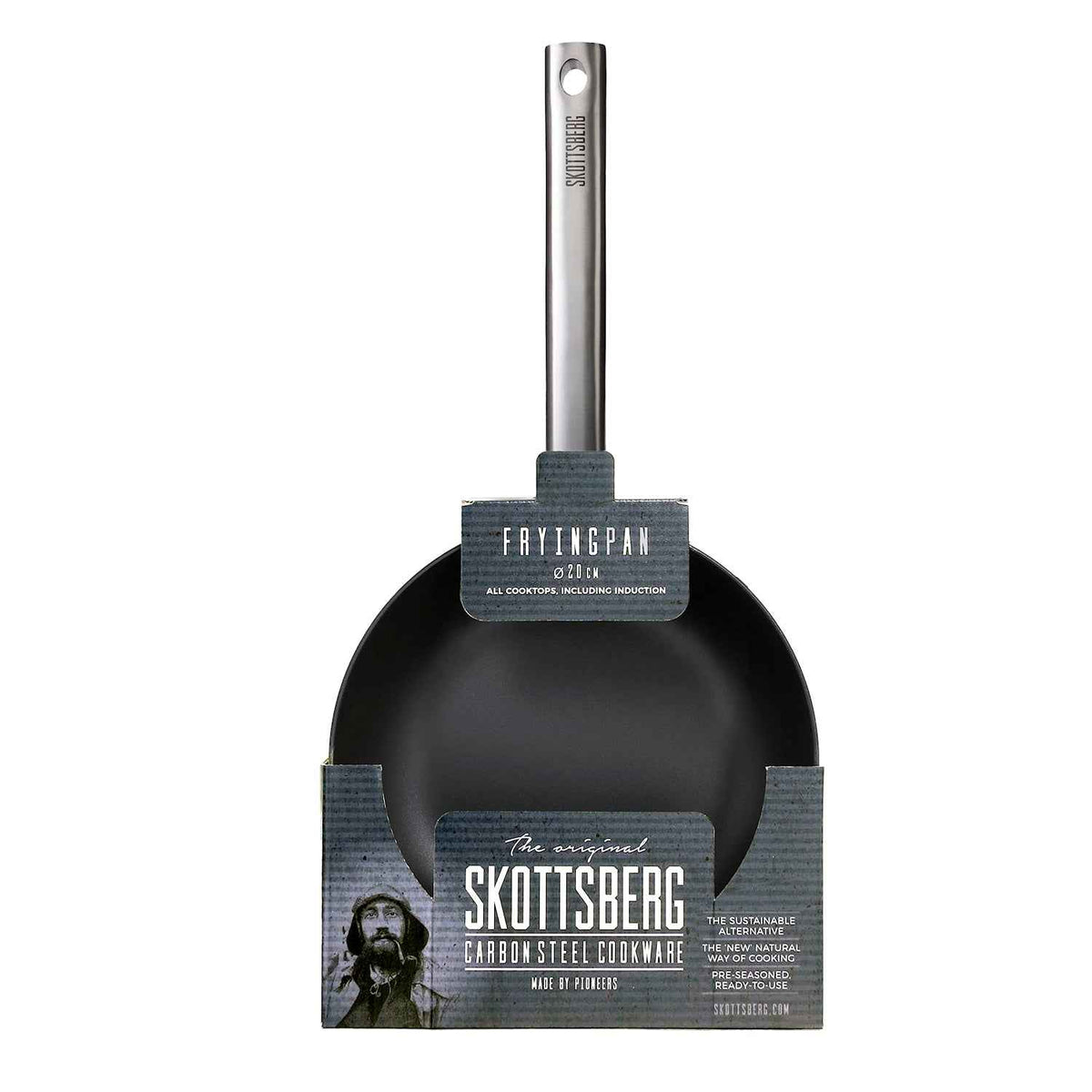 Skottsberg Paistinpannu 20 cm pakkauksessa, hiiliteräksinen paistinpannu myrkyttömällä pinnalla ja ergonomisella kahvalla.
