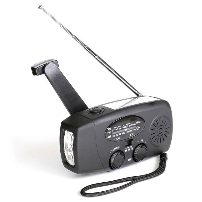 Trek ladattava radio - Hätäradio FM/AM, jossa kampilaturi, taskulamppu ja teleskooppiantenni. Kompakti koko retkille ja sähkökatkoihin.