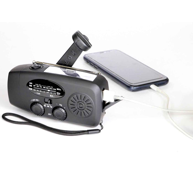 Trek ladattava radio - Hätäradio USB-latauksella, kampilaturilla ja taskulampulla, lataa älypuhelinta retkillä tai hätätilanteissa.