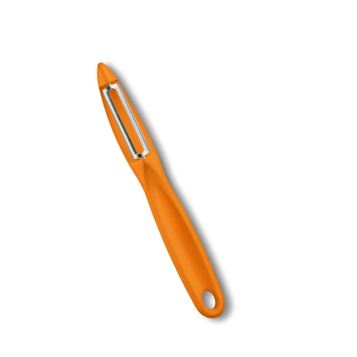 Oranssi Victorinox kuorija, jossa on terävä terä ja ripustusreikä. Täydellinen keittiöväline hedelmien ja kasvisten kuorintaan.
