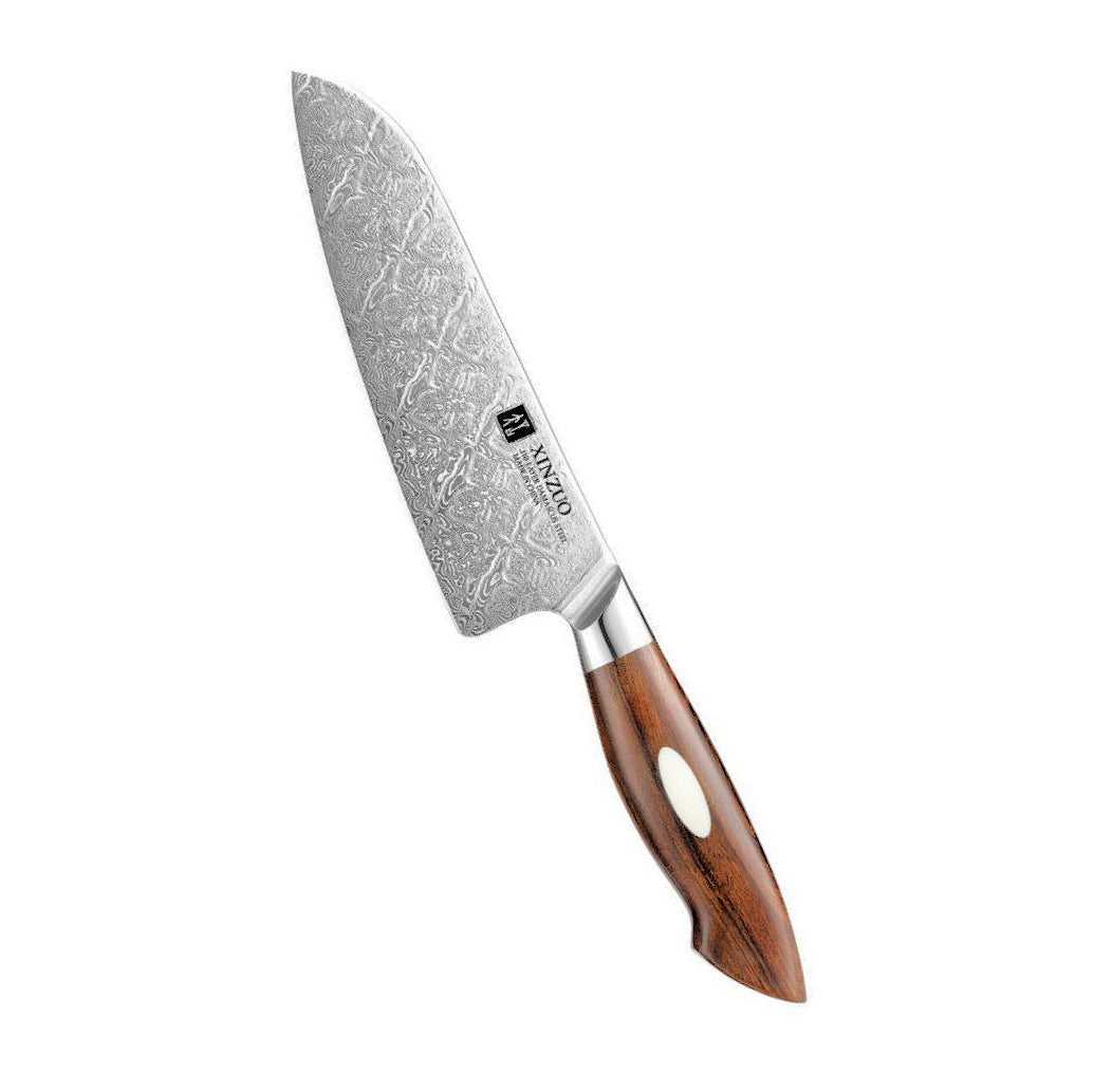 XINZUO Jiang Damaskus Santokuveitsi, 18 cm, koristeellisella terällä ja ergonomisella puukahvalla keittiöveitsien valikoimassa.