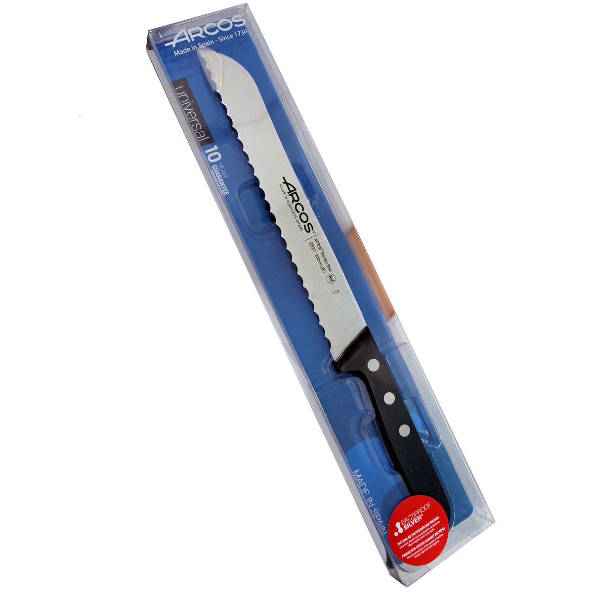 Arcos Leipäveitsi 20 cm myyntipakkauksessa, esillä sahalaitainen terä ja ergonominen kahva. Laadukas valinta keittiöveitsien joukossa.