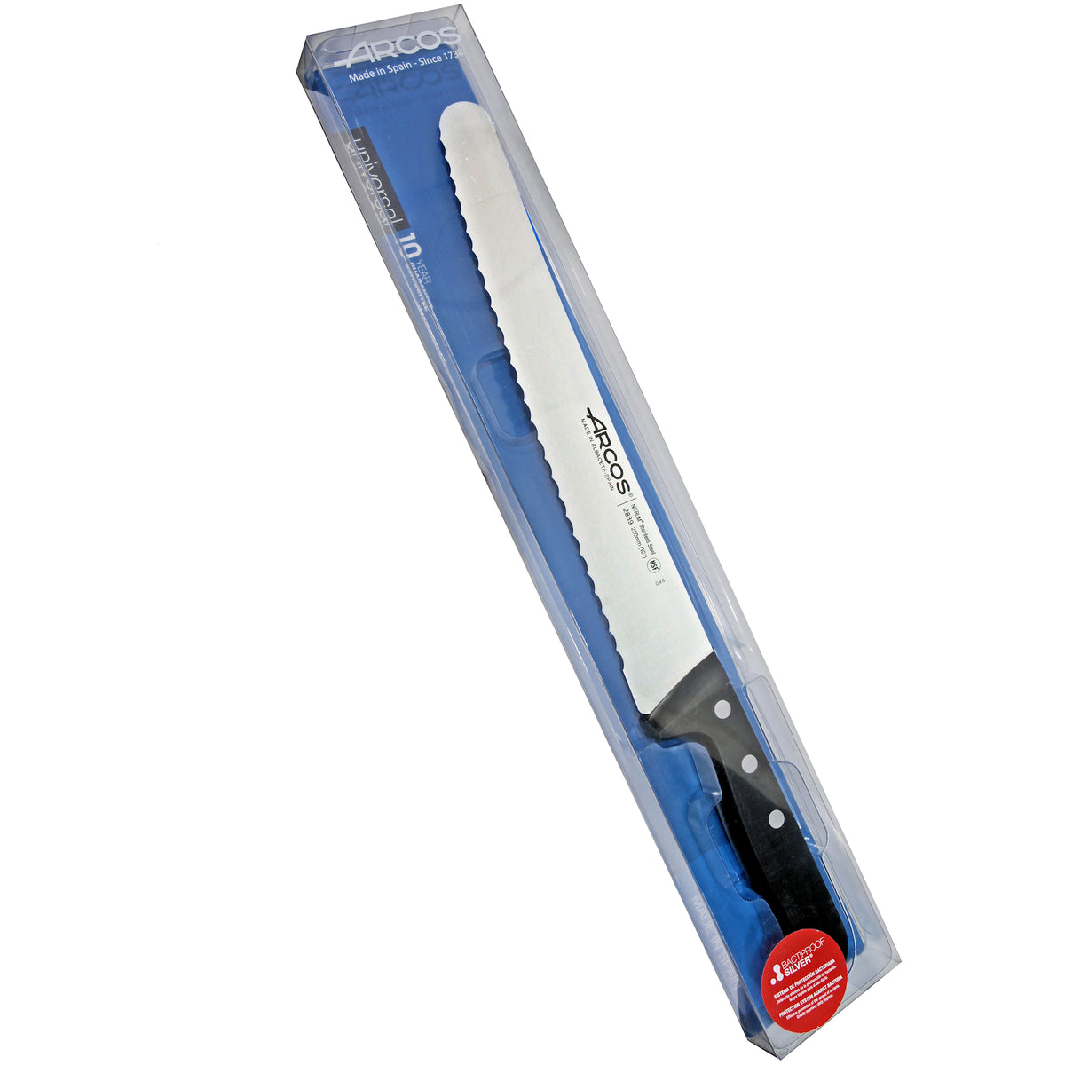 Arcos Sahalaitaveitsi 25 cm myyntipakkauksessa, keittiöveitsi ruostumattomasta teräksestä, sopii leivontaan ja ammattikäyttöön.