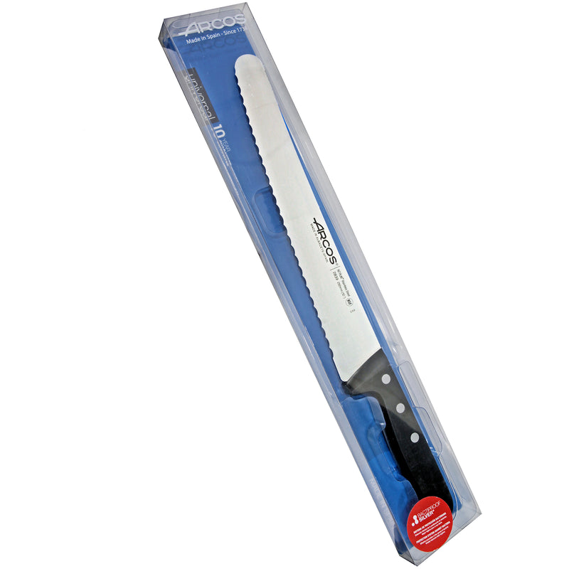 Arcos Sahalaitaveitsi 25 cm myyntipakkauksessa, keittiöveitsi ruostumattomasta teräksestä, sopii leivontaan ja ammattikäyttöön.