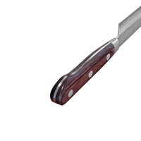 Suncraft SENZO Clad Santokuveitsen ergonominen puukahva kolmen niitin rakenteella takaa tukevan otteen.