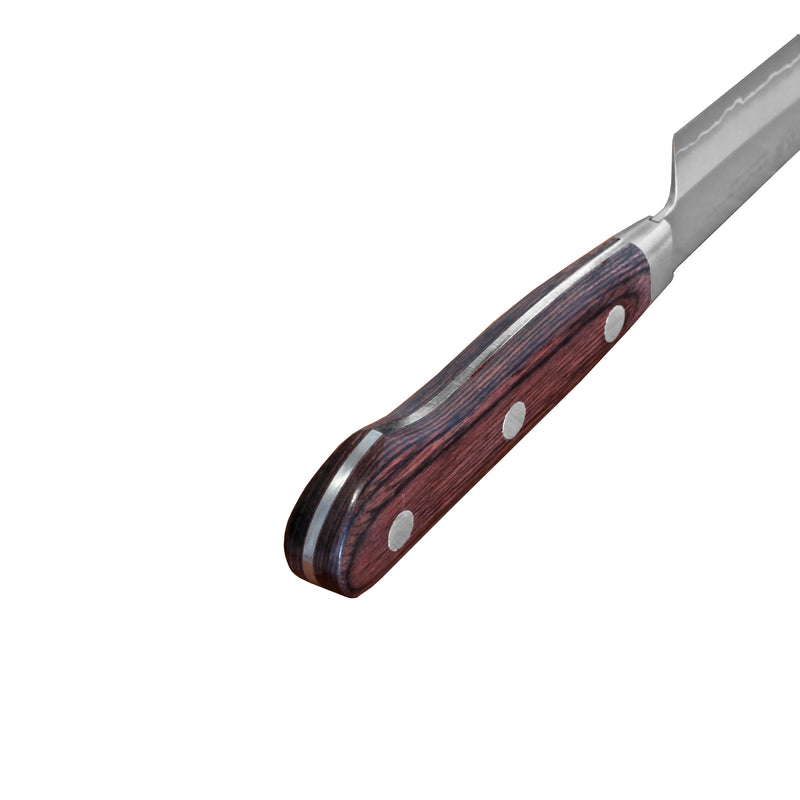 Suncraft SENZO Clad Santokuveitsen ergonominen puukahva kolmen niitin rakenteella takaa tukevan otteen.