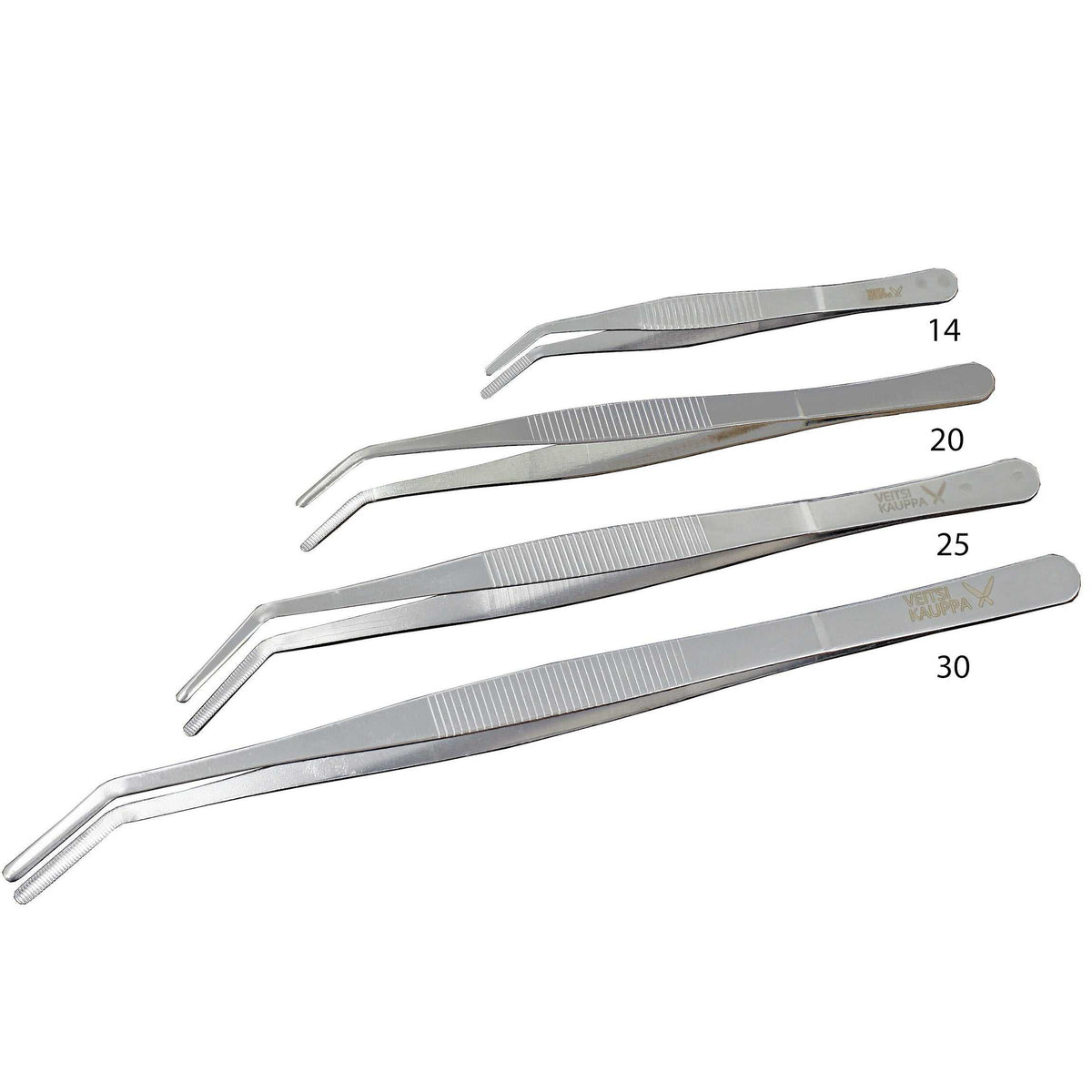 Sarja ruostumattomasta teräksestä valmistettuja kärkiatuloita eri pituuksilla (14 cm, 20 cm, 25 cm, 30 cm). Rihlattu ote ja taivutetut kärjet.