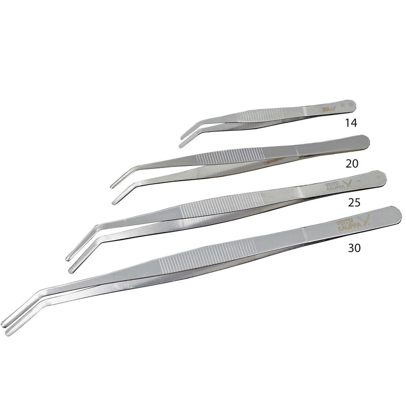 Sarja ruostumattomasta teräksestä valmistettuja kärkiatuloita eri pituuksilla (14 cm, 20 cm, 25 cm, 30 cm). Rihlattu ote ja taivutetut kärjet.