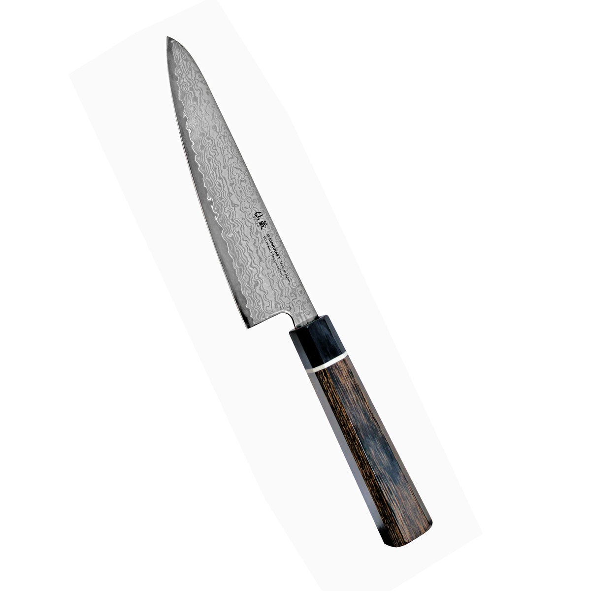 Suncraft Senzo Damascus Black Mini Santoku -veitsi, 14 cm, 33-kerroksinen terä, VG10-teräs, ergonominen puukahva.