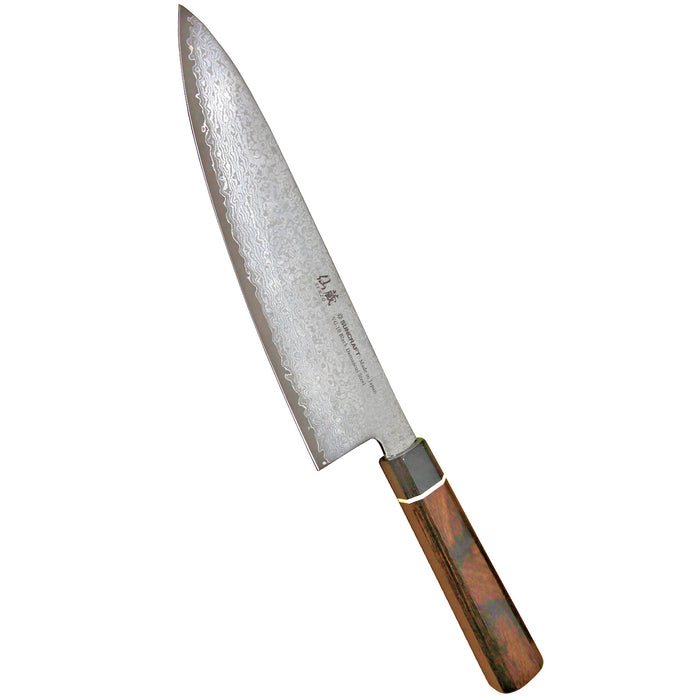 Suncraft Senzo Damascus Black kokkiveitsi 20 cm, jossa 33-kerroksinen damascus-terä ja puinen kahva, ammattikäyttöön keittiössä.