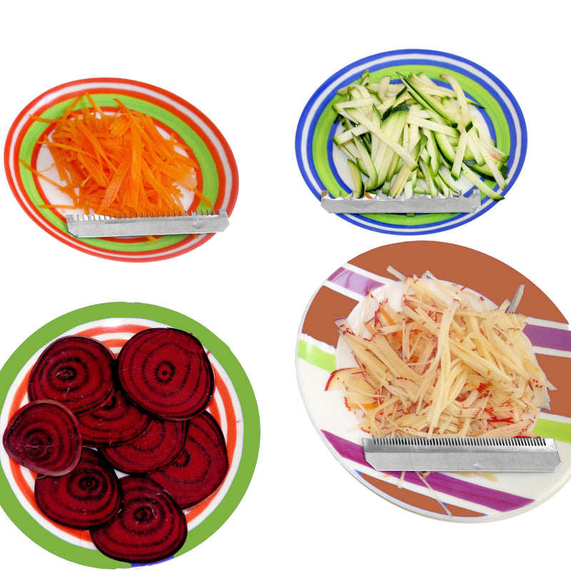 Värikkäitä vihannesviipaleita ja -suikaleita Super Benriner Mandoliinilla leikattuna. Täydellinen salaattien ja koristeiden valmistukseen.